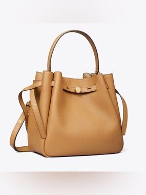 Tory Burch Romy Bucket Bag Tan Leather Crossbody Neutral Minimalist Designer